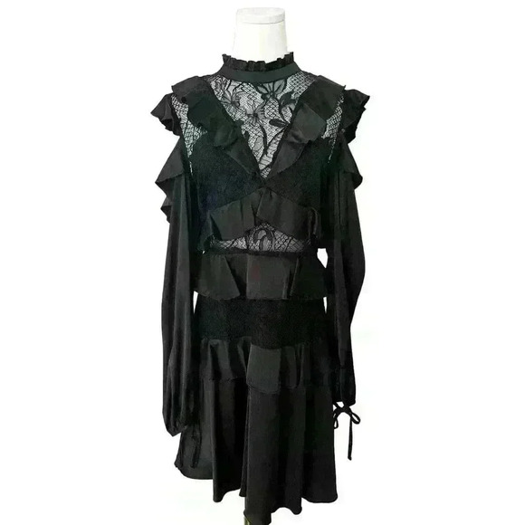 Dark Pink Lace Black High Neck Dress Edgy Gothic Victorian (NWT $155) - Picture 1 of 12